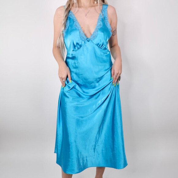 JONES NEW YORK BRIGHT BLUE MAXI SLIP LINGERIE CHEMISE DRESS - Picture 3 of 5